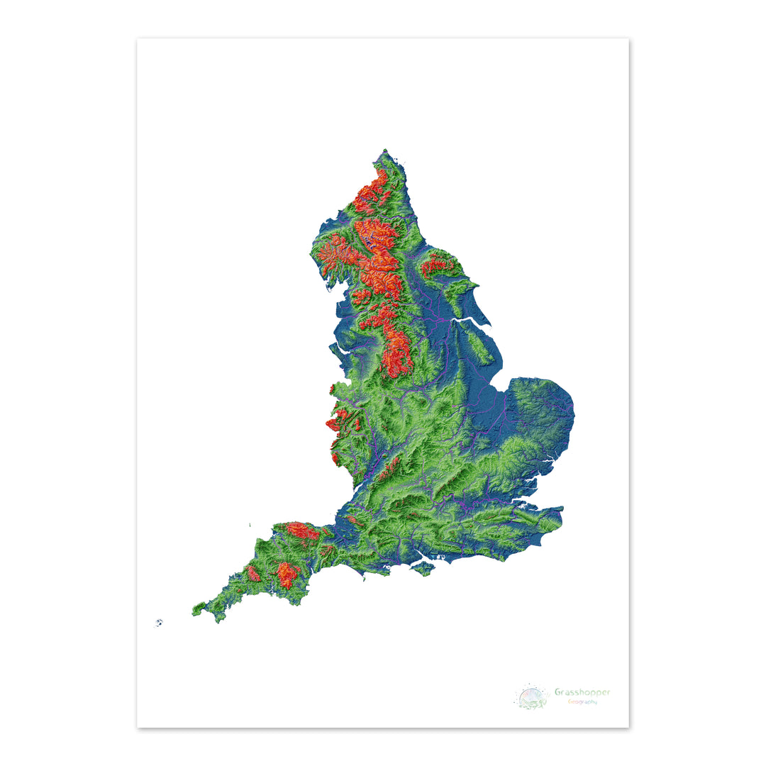Inglaterra - Mapa de elevación, blanco - Impresión de Bellas Artes