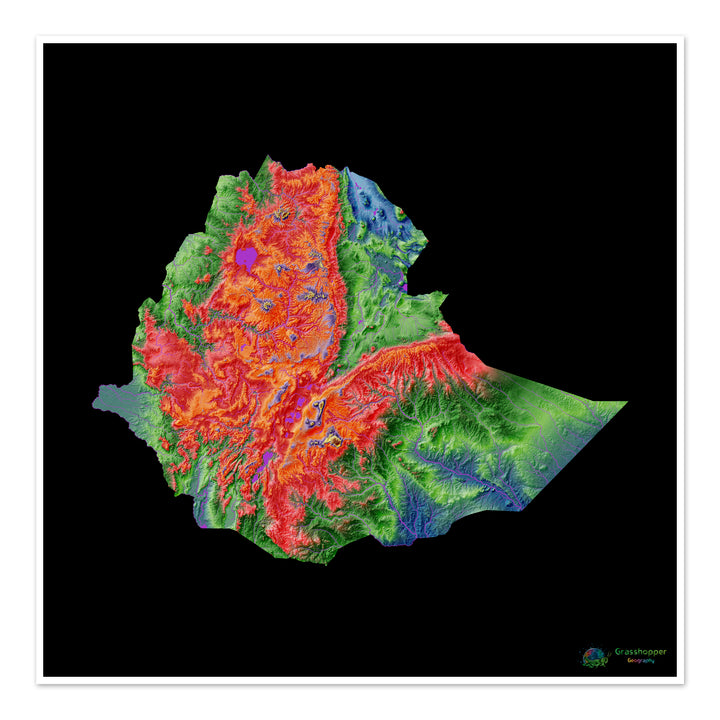Elevation map of Ethiopia with black background - Fine Art Print