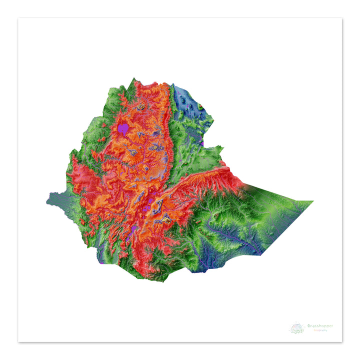 Etiopía - Mapa de elevación, blanco - Impresión de Bellas Artes