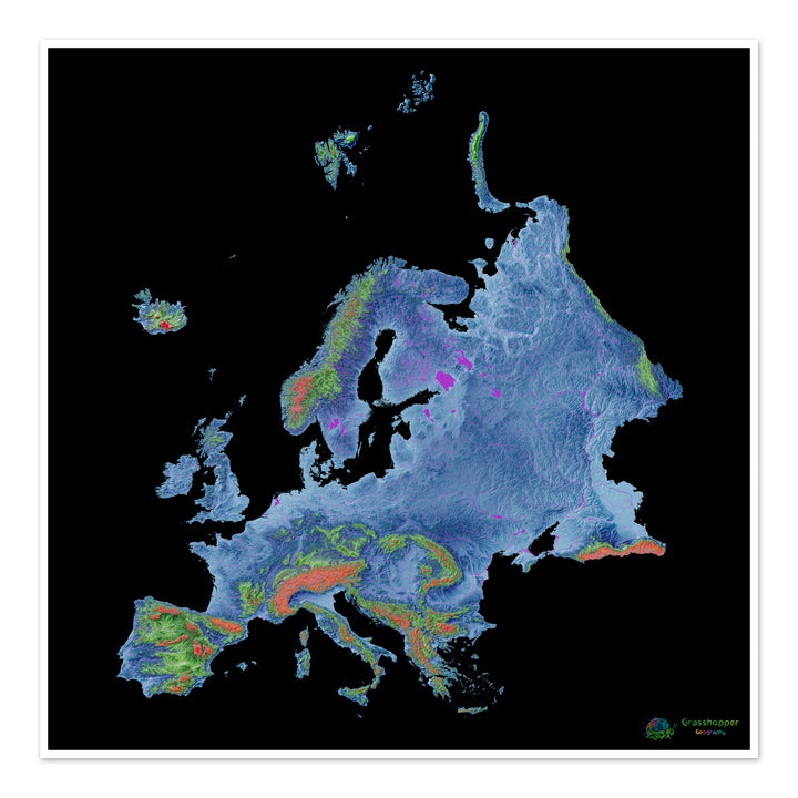 Elevation map of Europe with black background - Fine Art Print
