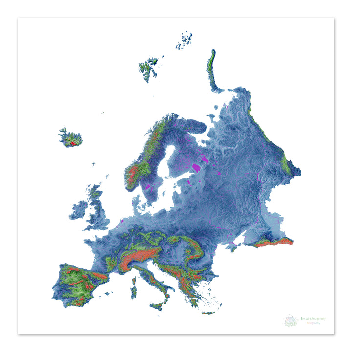 Europe - Elevation map, white - Fine Art Print