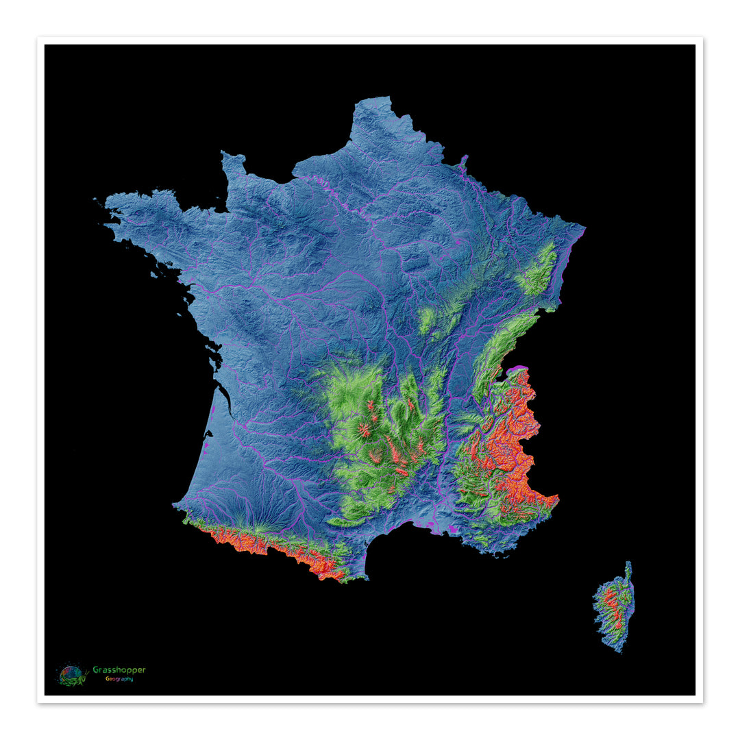 Francia - Mapa de elevación, negro - Impresión de Bellas Artes