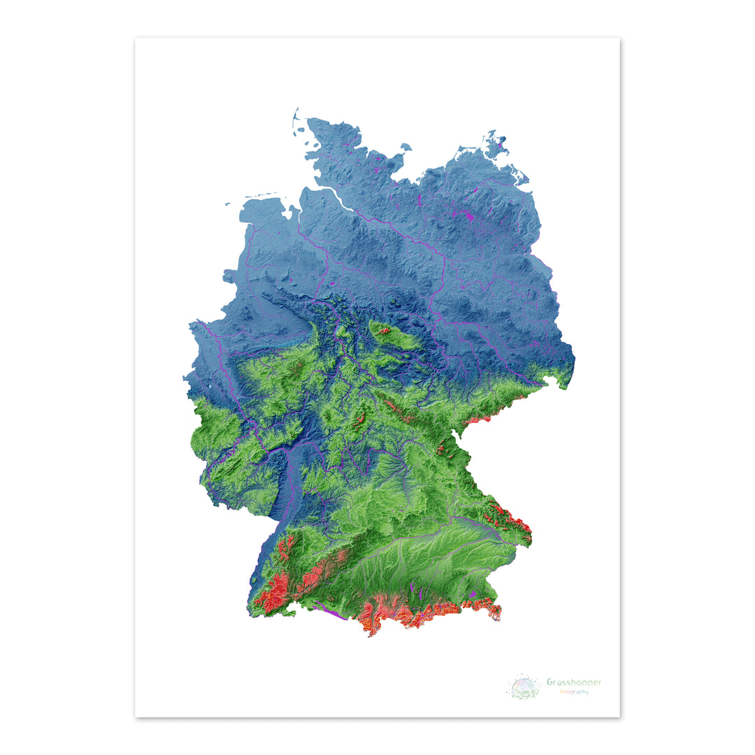 Alemania - Mapa de elevación, blanco - Impresión de Bellas Artes