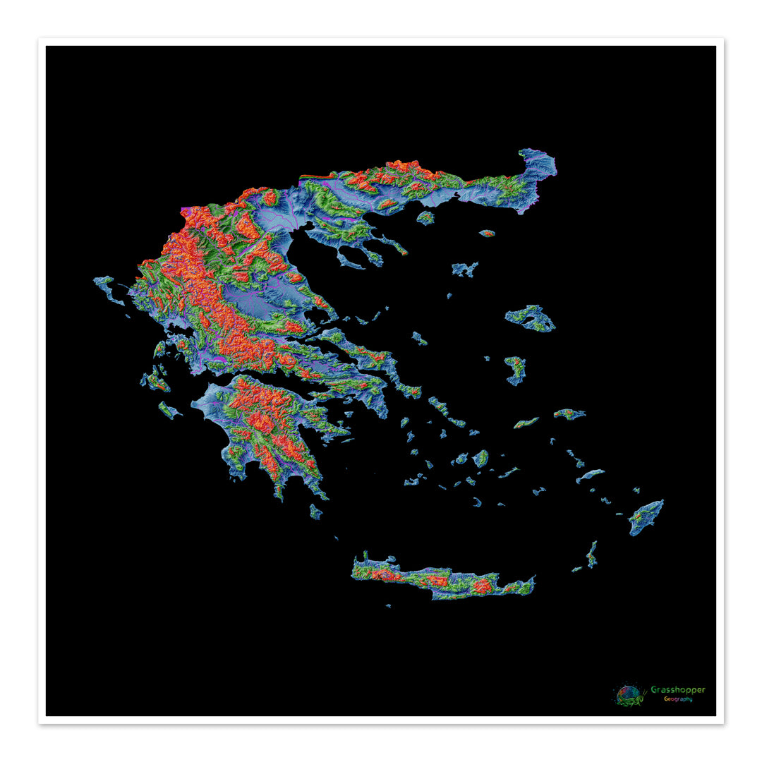 Grecia - Mapa de elevación, negro - Impresión de Bellas Artes