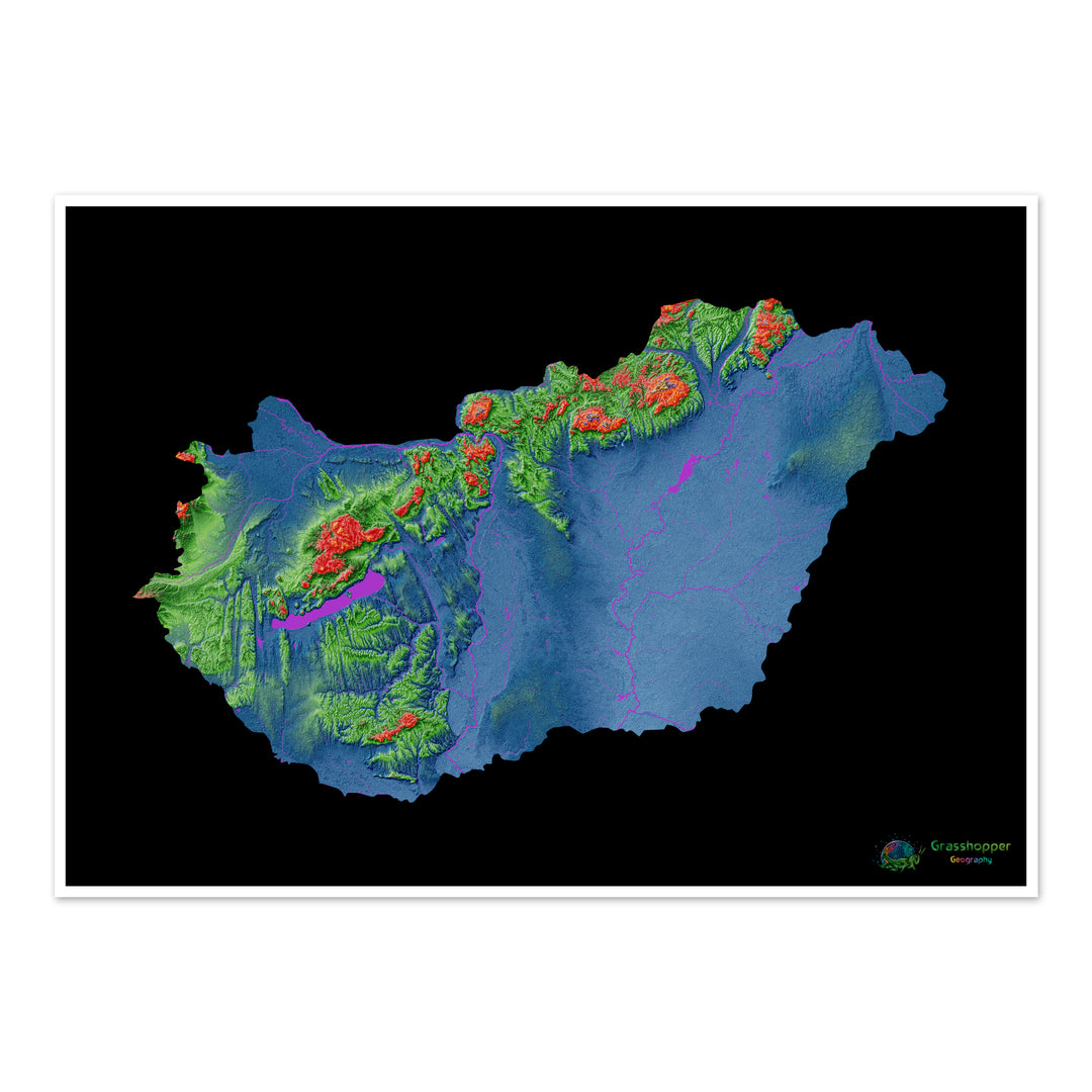 Elevation map of Hungary with black background - Fine Art Print