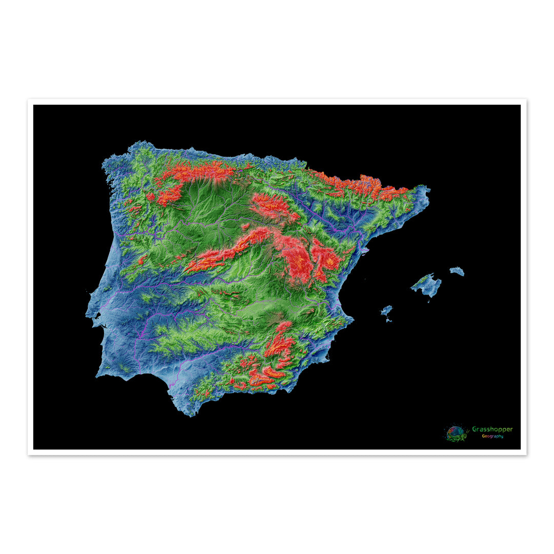 Elevation map of Iberia with black background - Fine Art Print