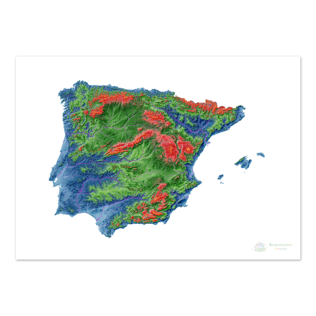 Iberia - Mapa de elevación, blanco - Impresión de Bellas Artes