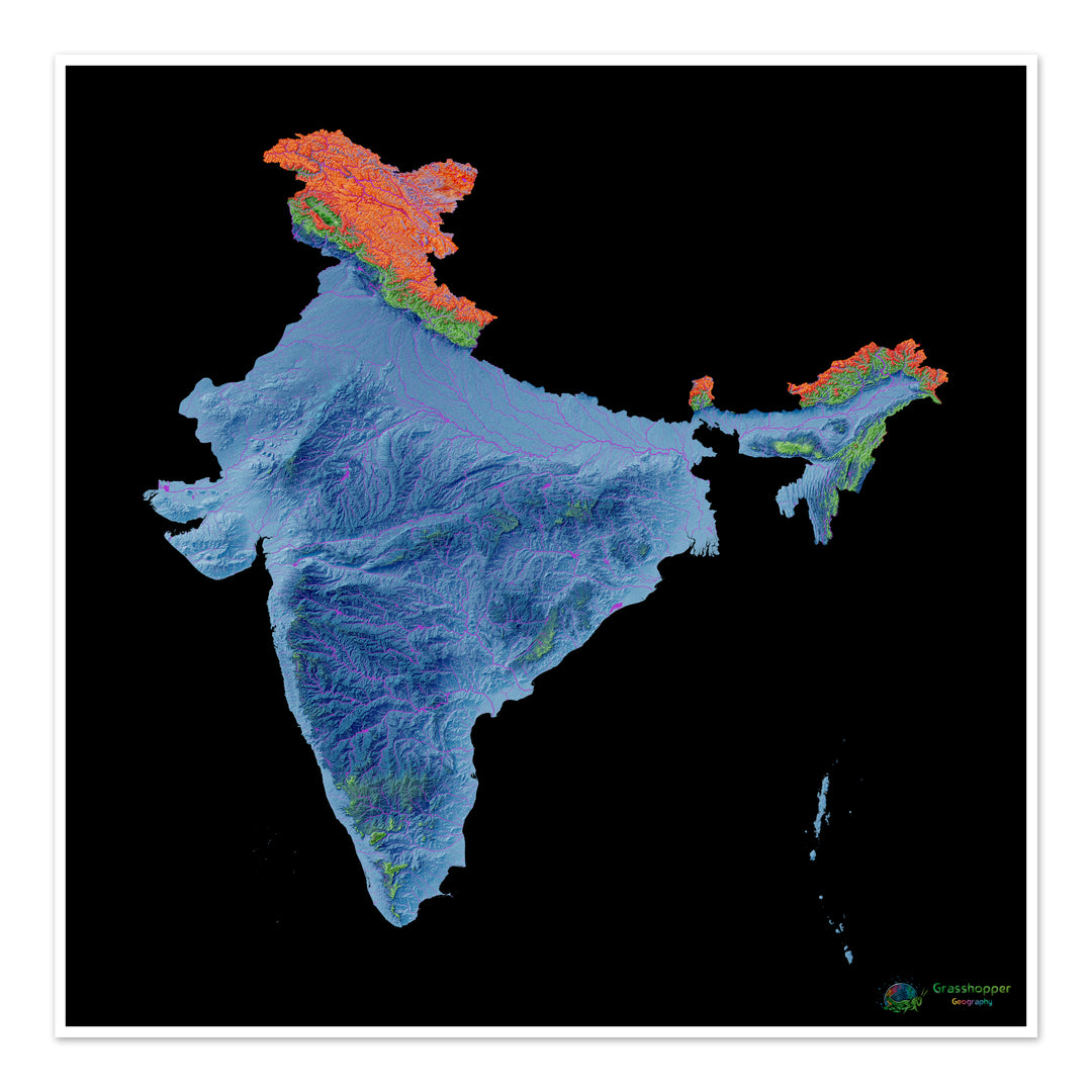 India - Mapa de elevación, negro - Impresión de Bellas Artes