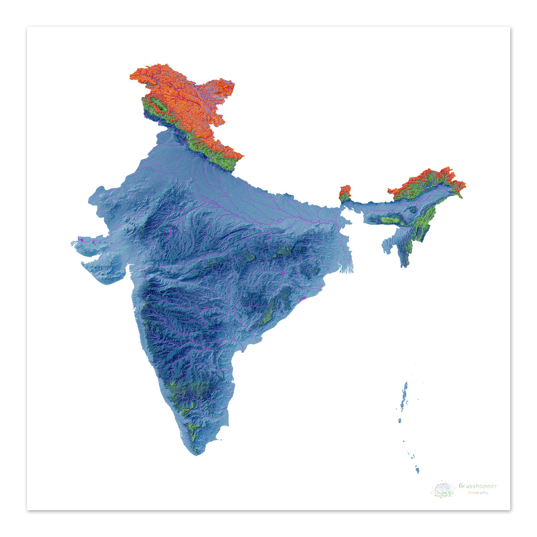 India - Mapa de elevación, blanco - Impresión de Bellas Artes