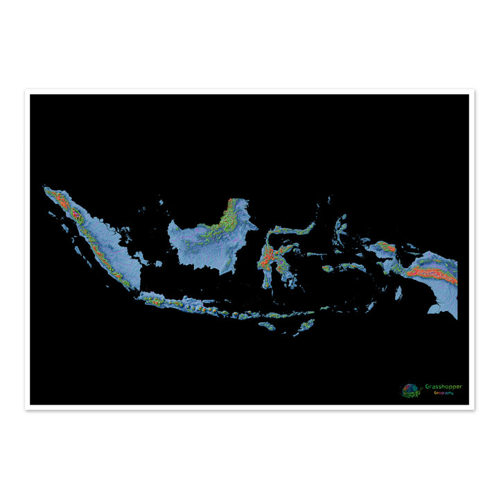Indonesia - Mapa de elevación, negro - Impresión de Bellas Artes