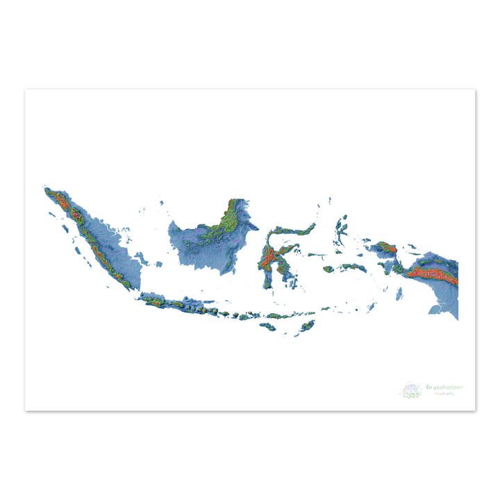 Indonesia - Mapa de elevación, blanco - Impresión de Bellas Artes