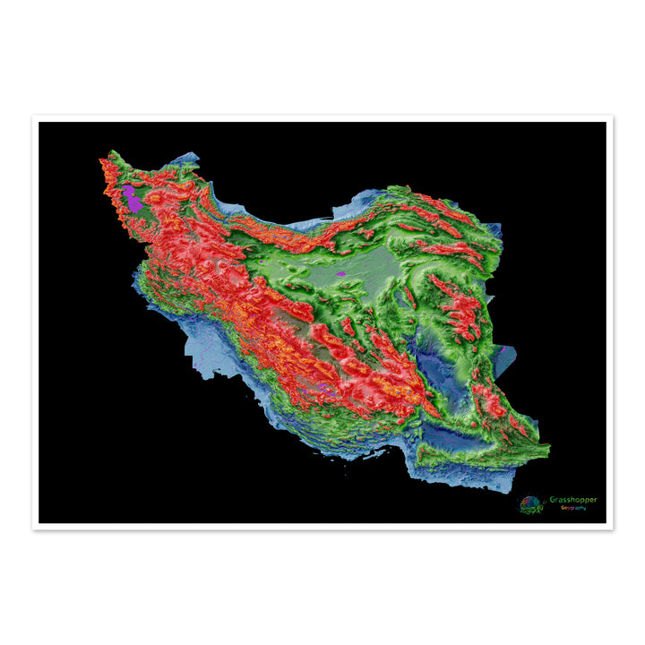 Elevation map of Iran with black background - Fine Art Print