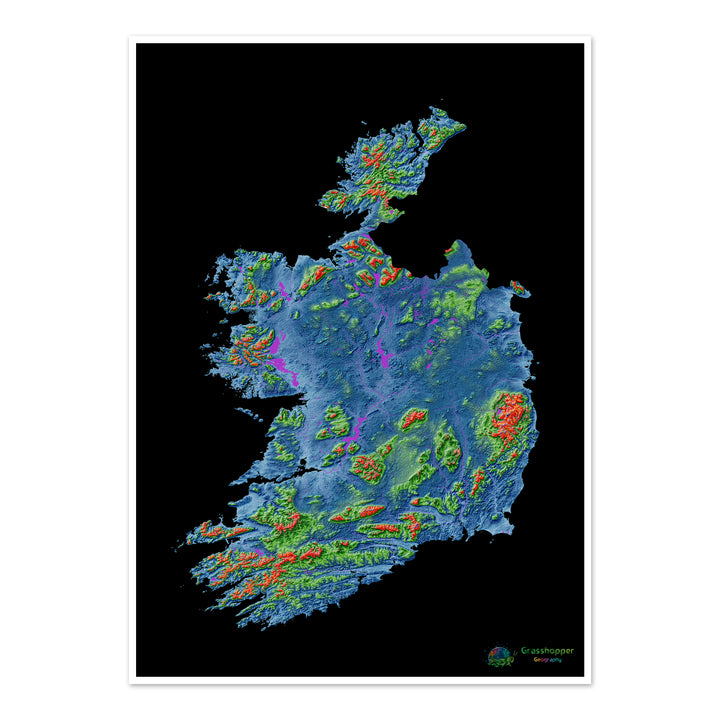 Ireland - Elevation map, black - Fine Art Print