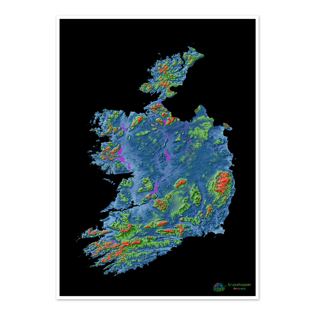 Irlanda - Mapa de elevación, negro - Impresión de Bellas Artes