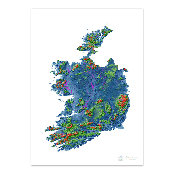 Irlanda - Mapa de elevación, blanco - Impresión de Bellas Artes