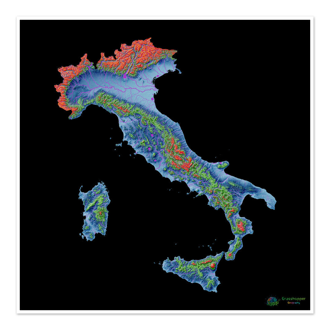 Italy - Elevation map, black - Fine Art Print