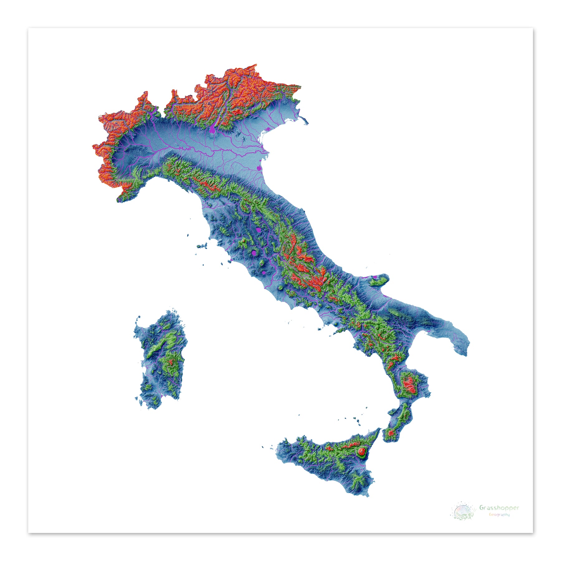 Italy - Elevation map, white - Fine Art Print – Grasshopper Geography