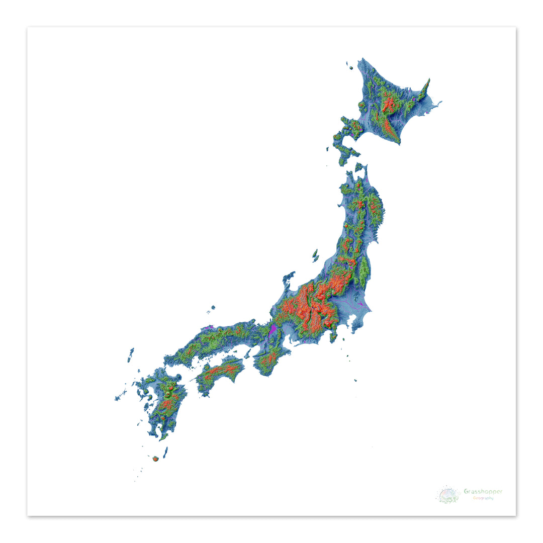 Japón - Mapa de elevación, blanco - Impresión de Bellas Artes