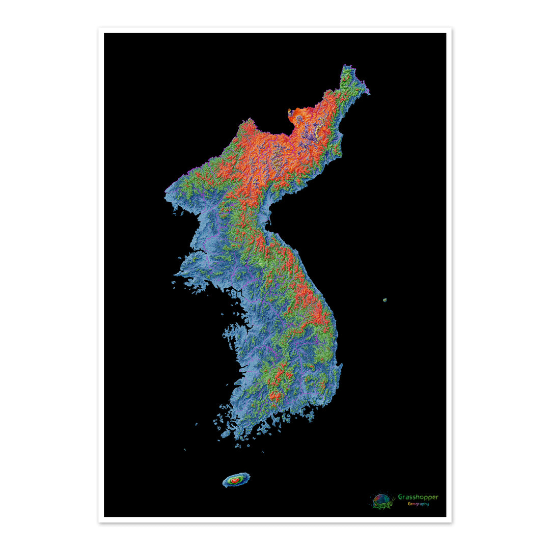 Corée - Carte d'élévation, noir - Tirage d'art