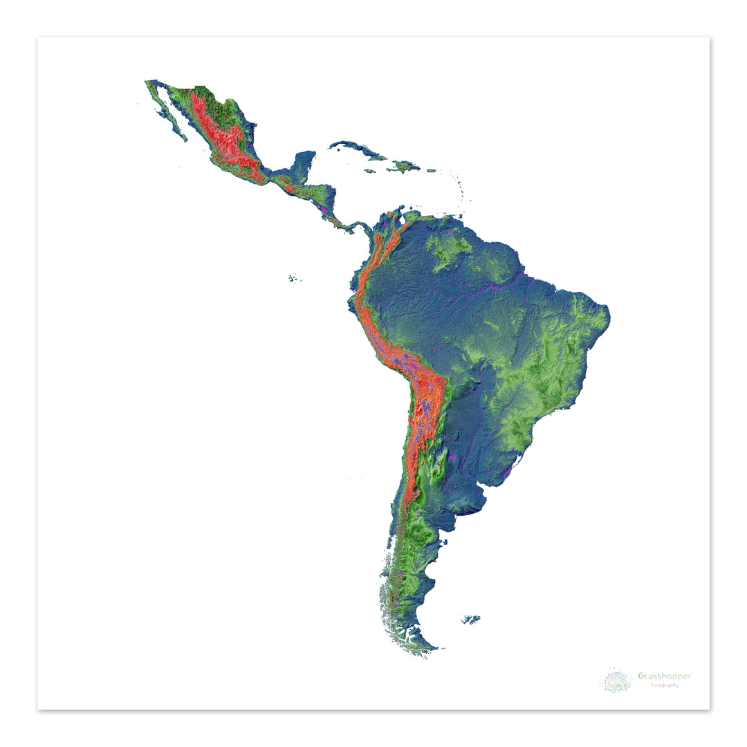 América Latina - Mapa de elevación, blanco - Impresión de Bellas Artes