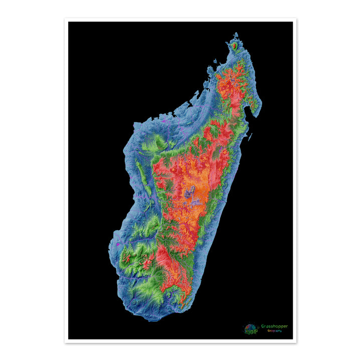 Madagascar - Carte d'élévation, noir - Tirage d'art