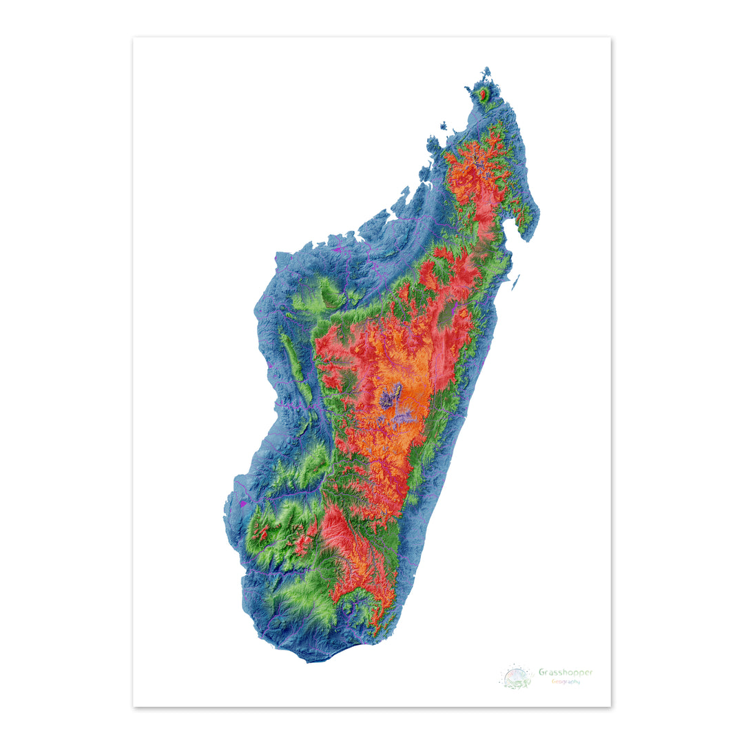 Elevation map of Madagascar with white background - Fine Art Print
