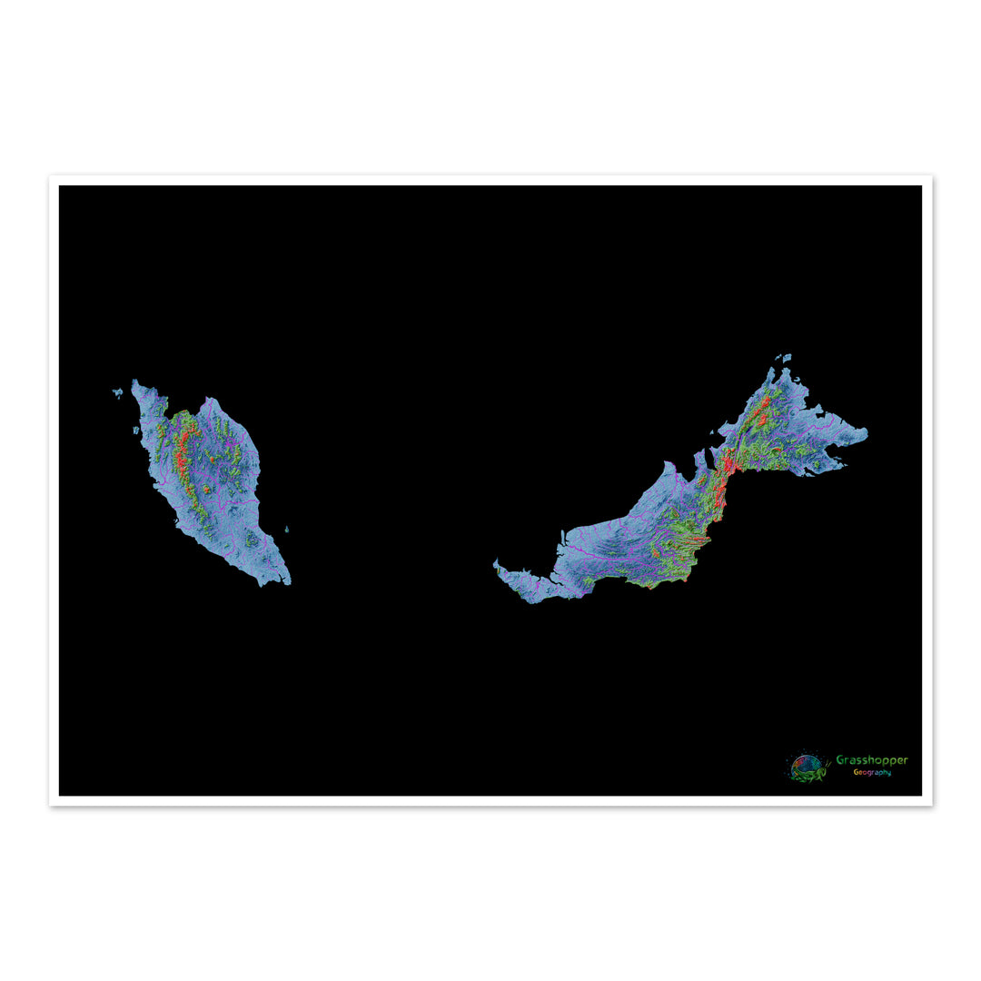 Elevation map of Malaysia with black background - Fine Art Print