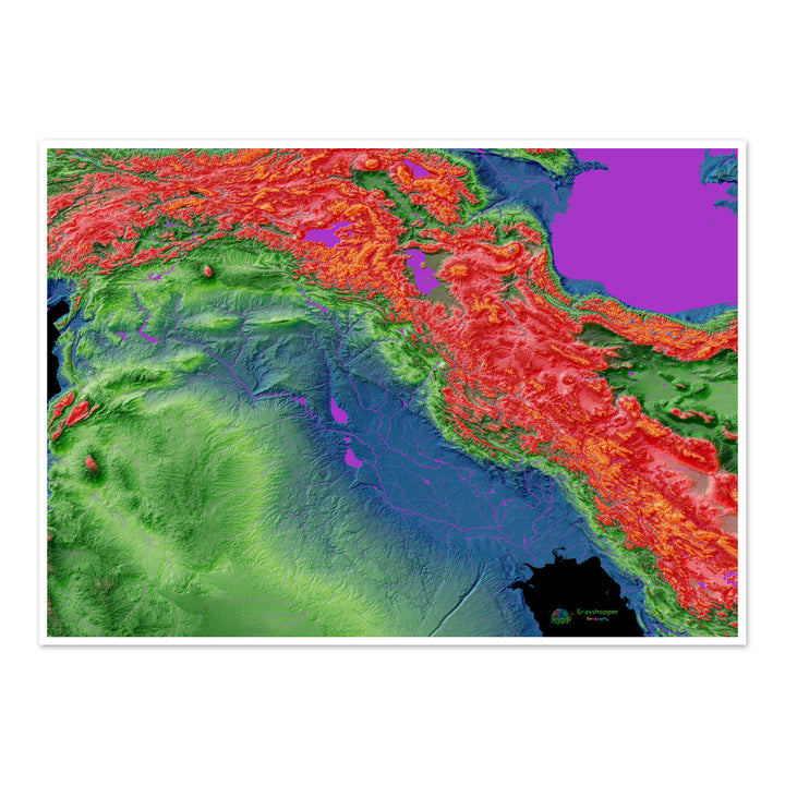 Mesopotamia - Mapa de elevación, negro - Impresión de Bellas Artes