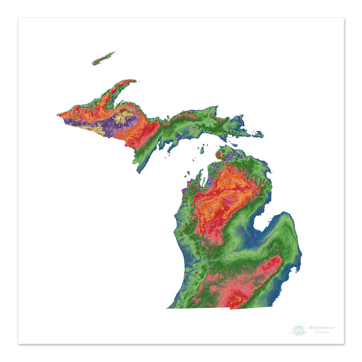 Michigan - Mapa de elevación, blanco 48x48 - Impresión de bellas artes