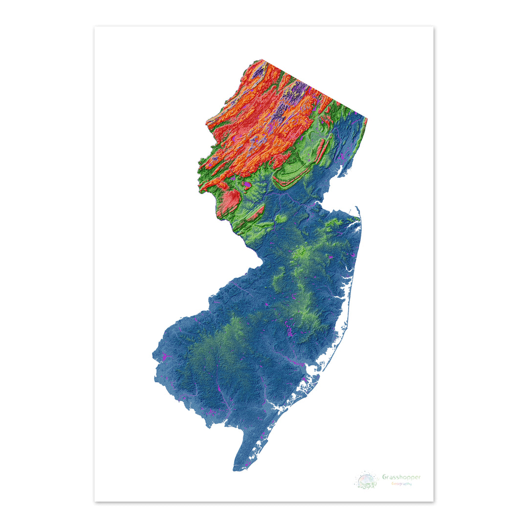 Nueva Jersey - Mapa de elevación, blanco - Impresión de Bellas Artes