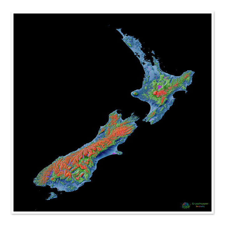 Elevation map of New Zealand with black background - Fine Art Print