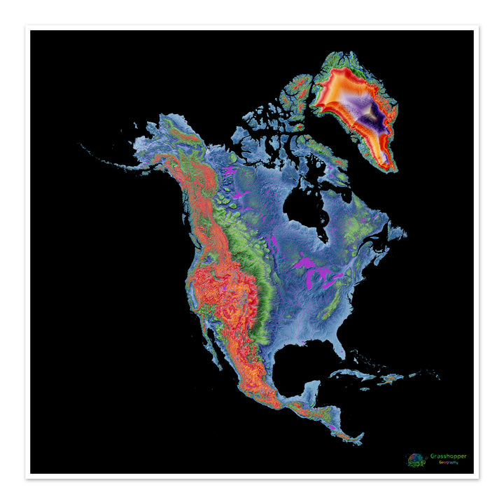 North America - Elevation map, black - Fine Art Print