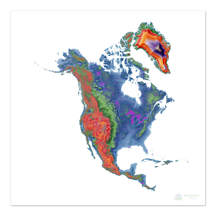 Amérique du Nord - Carte d'élévation, blanc - Tirage d'art