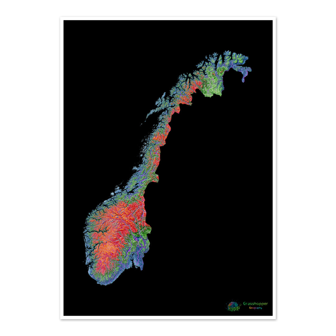 Norvège - Carte d'élévation, noir - Tirage d'art