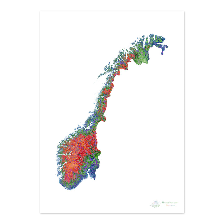 ノルウェー - 標高地図、白 - ファインアートプリント
