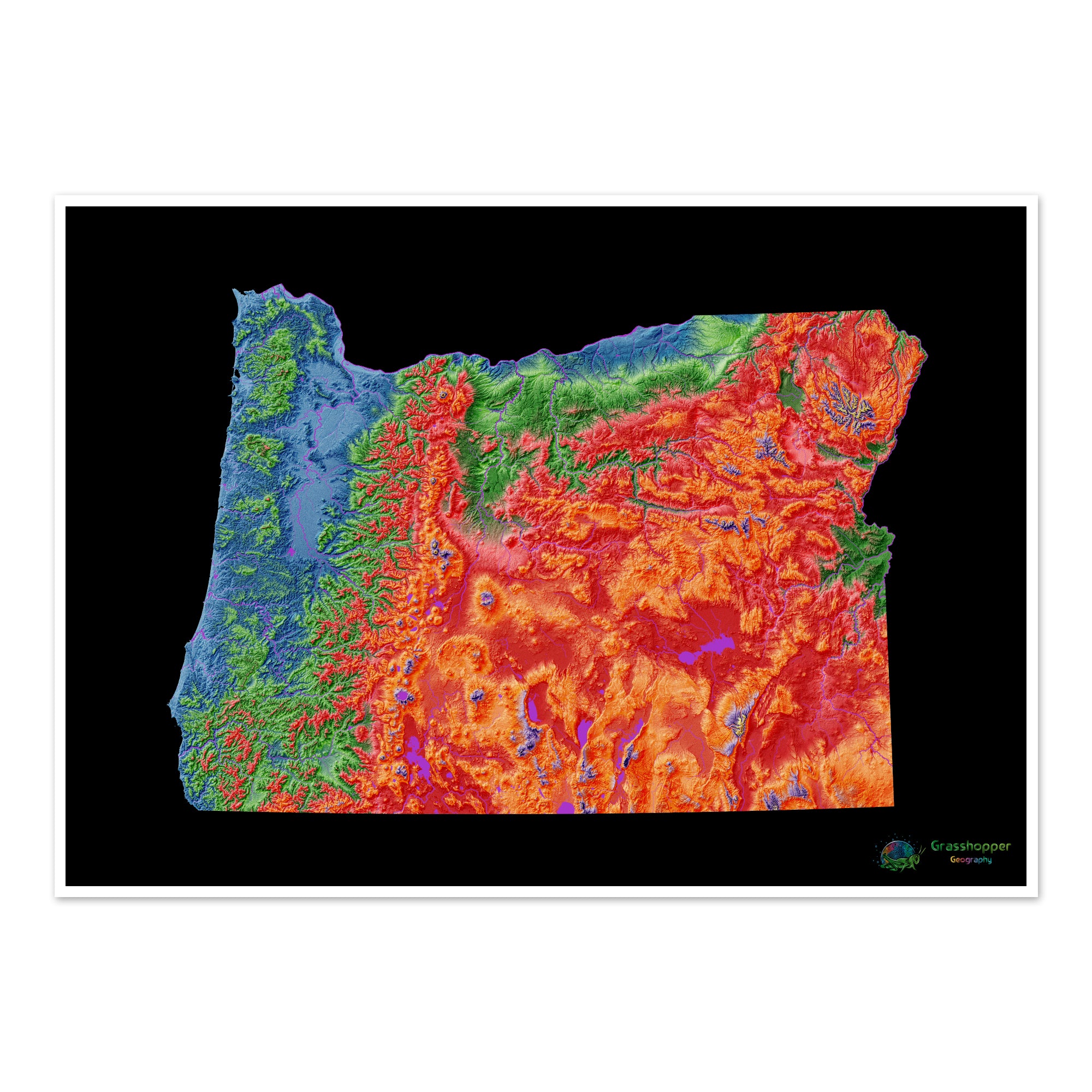 Map Oregon Overhead Oregon - Elevation map, black - Fine Art Print – Grasshopper Geography