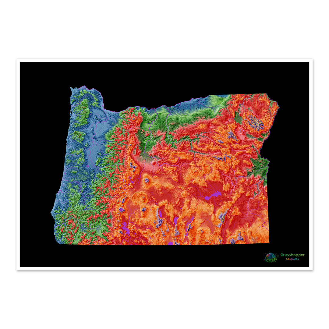 Elevation map of Oregon with black background - Fine Art Print