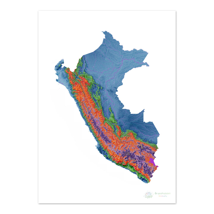 Elevation map of Peru with white background - Fine Art Print