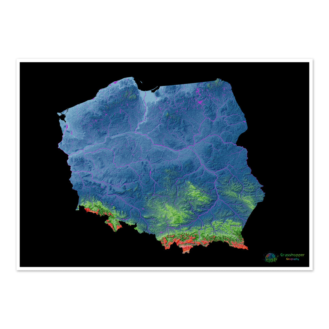 Polonia - Mapa de elevación, negro - Impresión de Bellas Artes