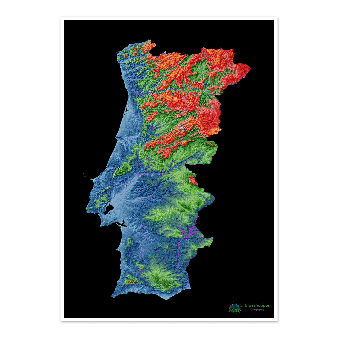 Portugal - Mapa de elevación, negro - Impresión de Bellas Artes