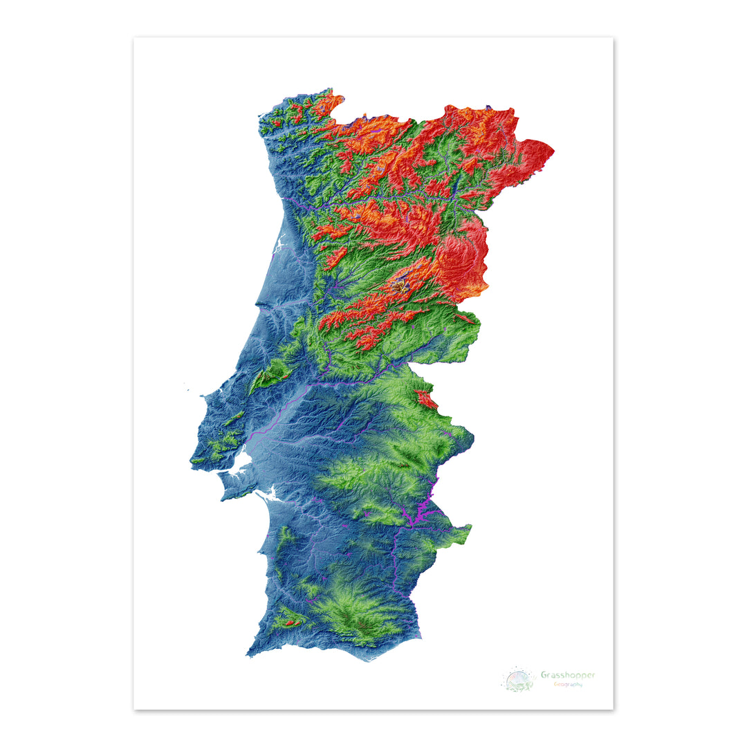 Elevation map of Portugal with white background - Fine Art Print