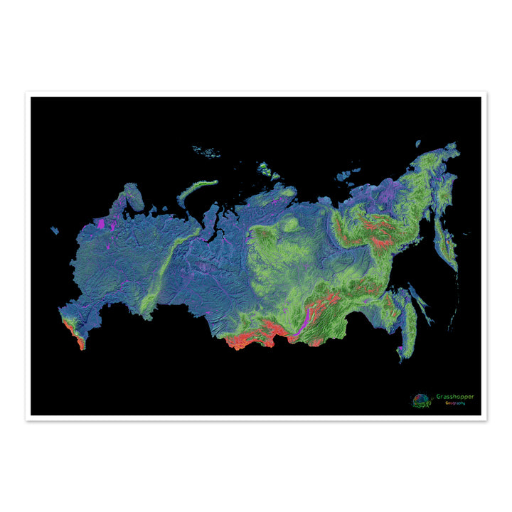 Elevation map of Russia with black background - Fine Art Print