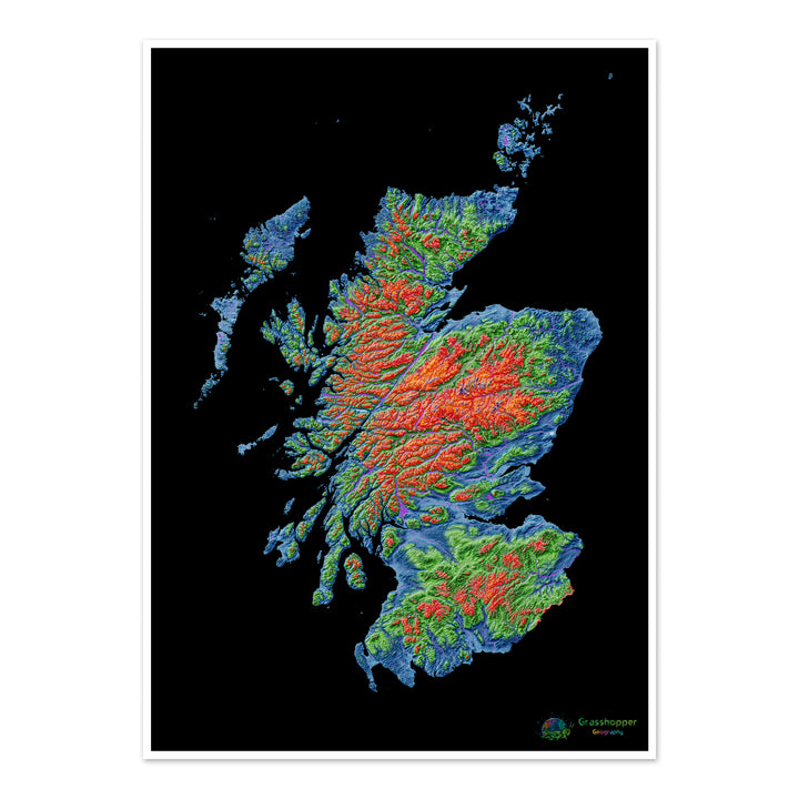 Escocia - Mapa de elevación, negro - Impresión de Bellas Artes