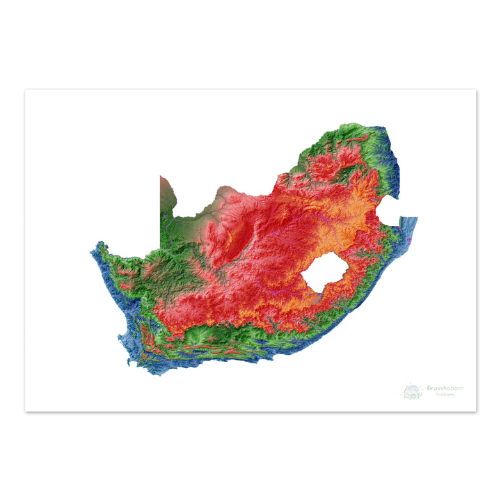 Sudáfrica - Mapa de elevación, blanco - Impresión de Bellas Artes