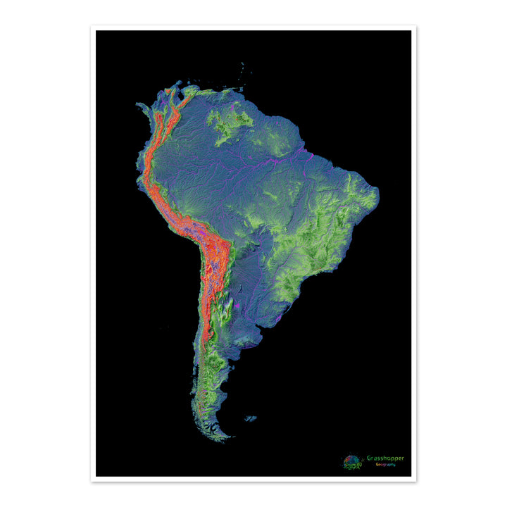 América do Sul - Mapa de elevação, preto - Impressão de belas artes