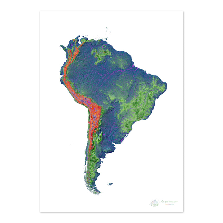 Elevation map of South America with white background - Fine Art Print