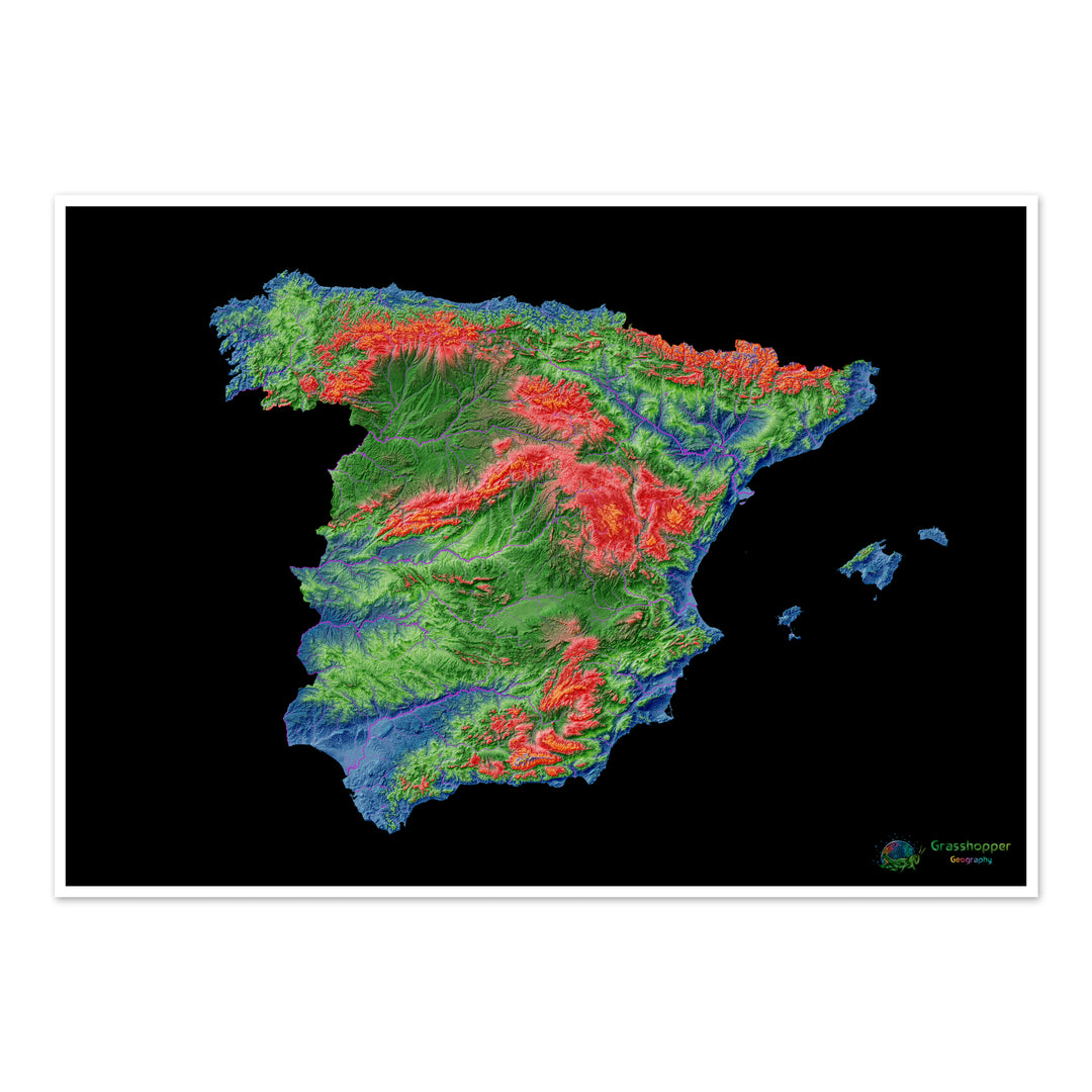 España - Mapa de elevación, negro - Impresión de Bellas Artes