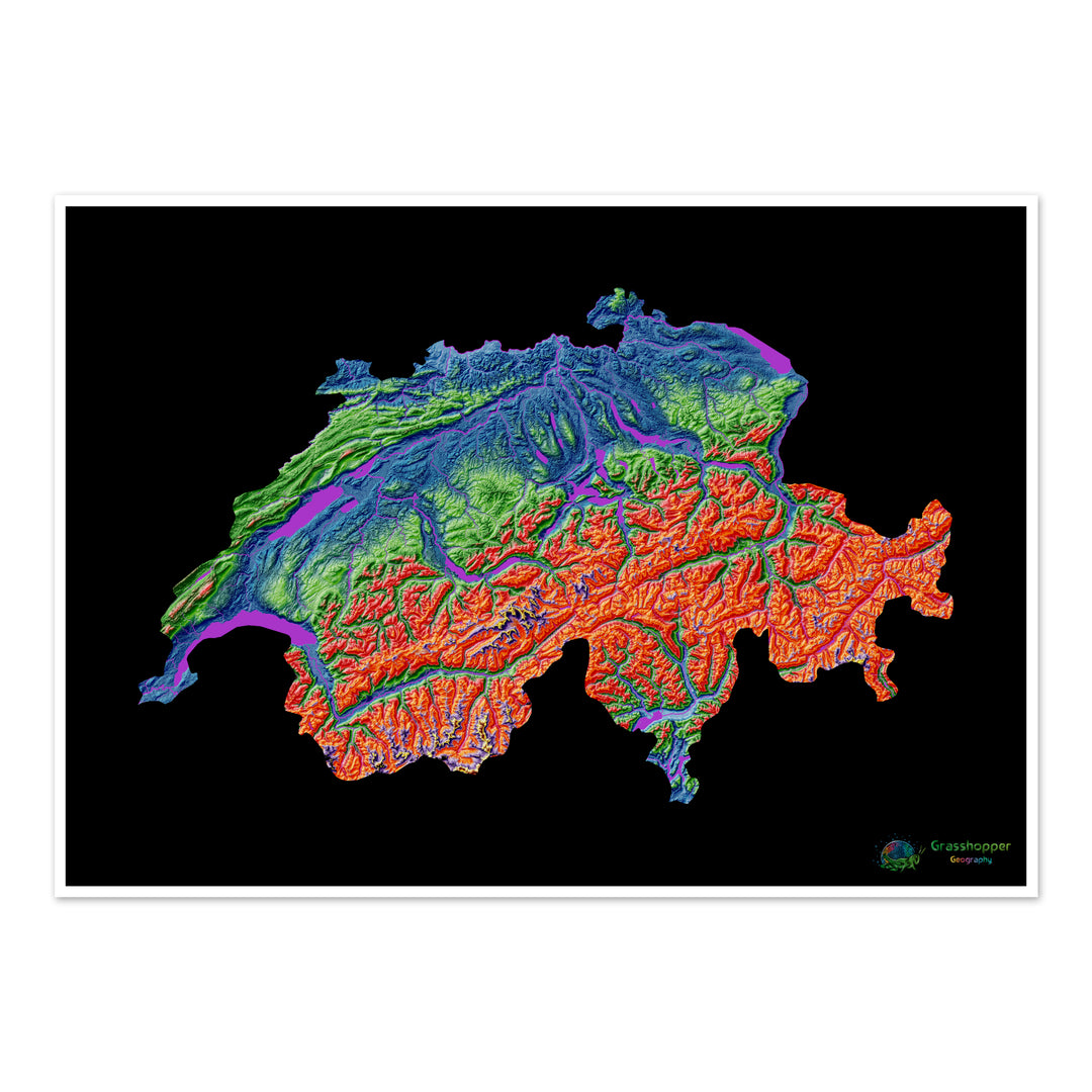 Elevation map of Switzerland with black background - Fine Art Print