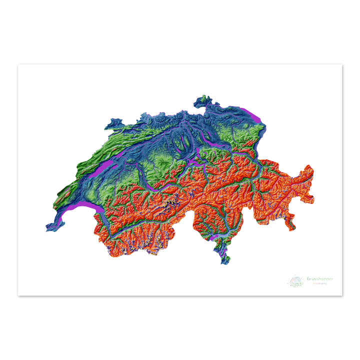 Elevation map of Switzerland with white background - Fine Art Print