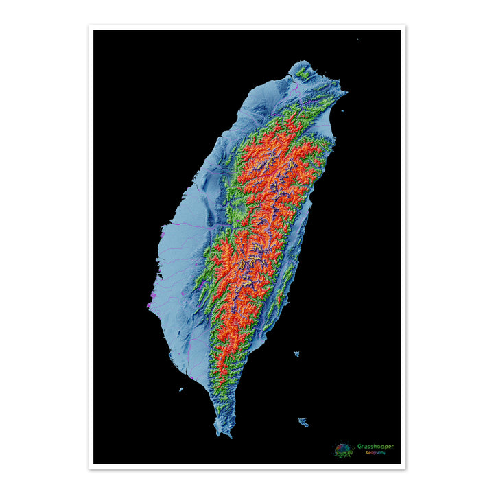 Elevation map of Taiwan with black background - Fine Art Print